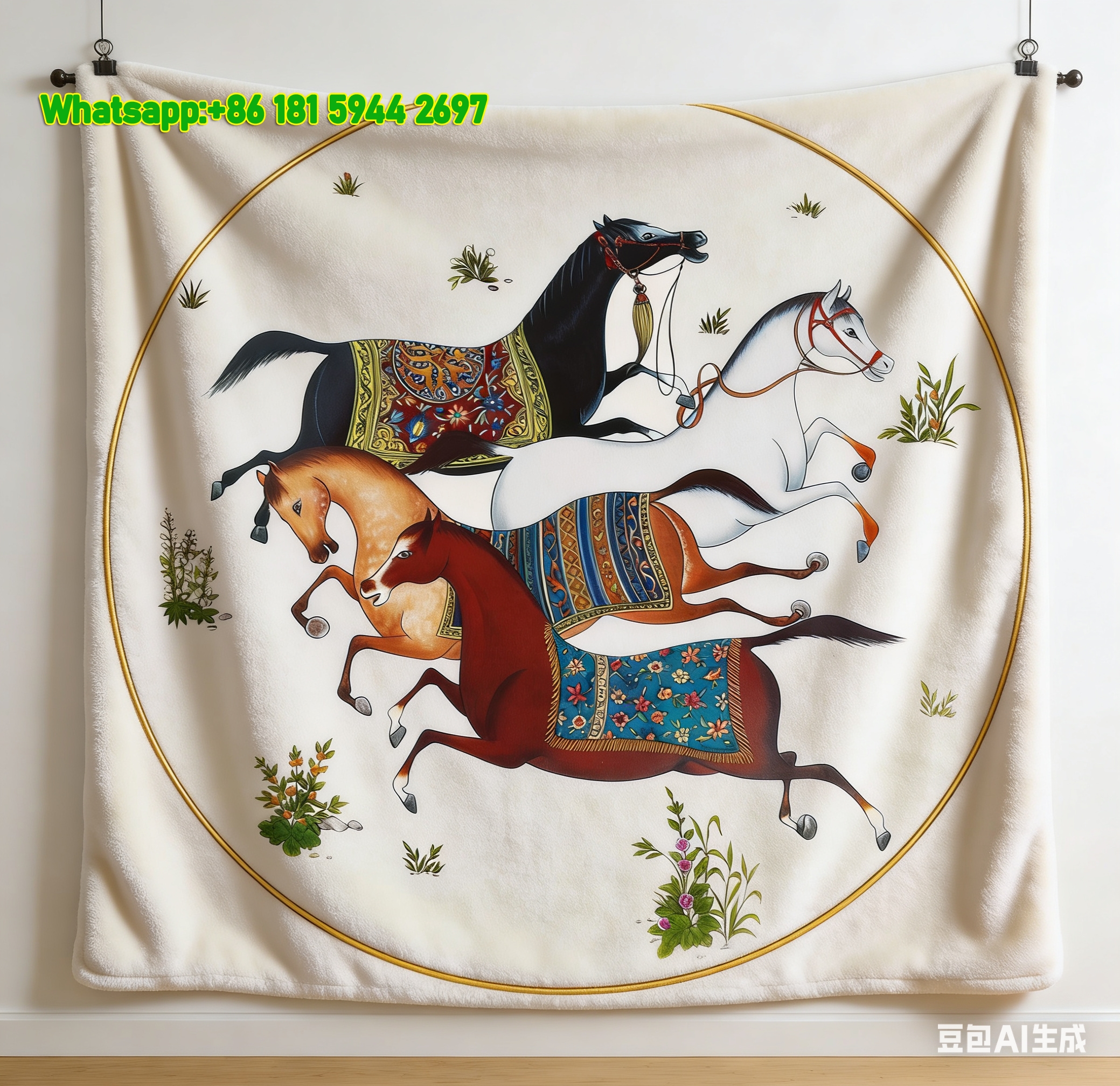 Hermes Persian Four Running Horses Flannel Throw Blanket IMG_5276